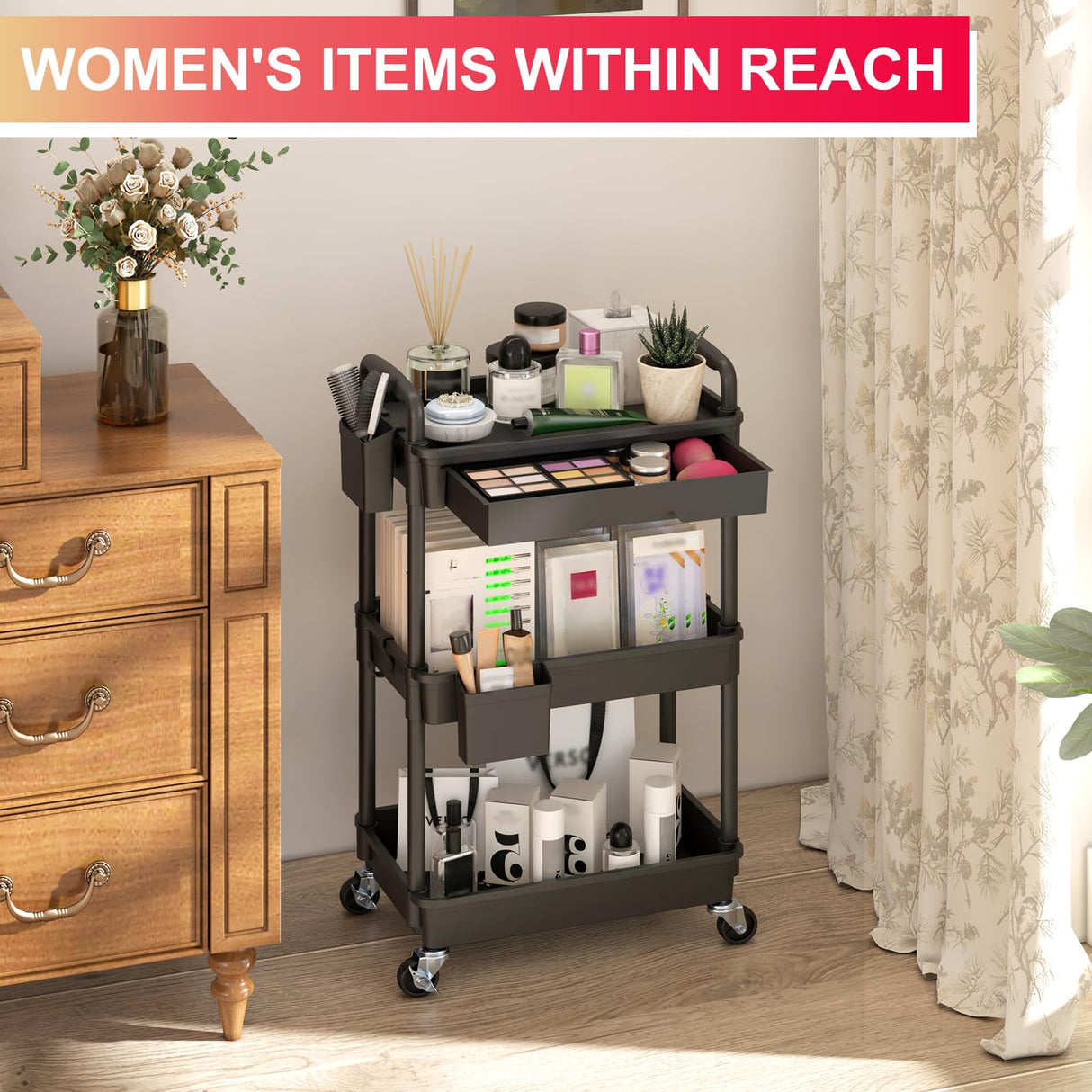 Goovilla 3 Tier Rolling Utility Cart Organizer with Removable Drawer, Stable and Sturdy Black Rolling Storage Carts with 2 Lockable Wheels for Bathroom, Kitchen, Snack, Craft, Makeup, Baby Essentials Goovilla