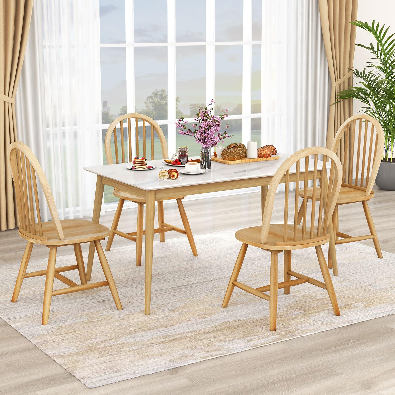 Safeplus 18" Oak Dining Chairs Set of 4, Wood Windsor Chair with Spindle Back for Country Farmhouse Kitchen Island - WoodArtSupply