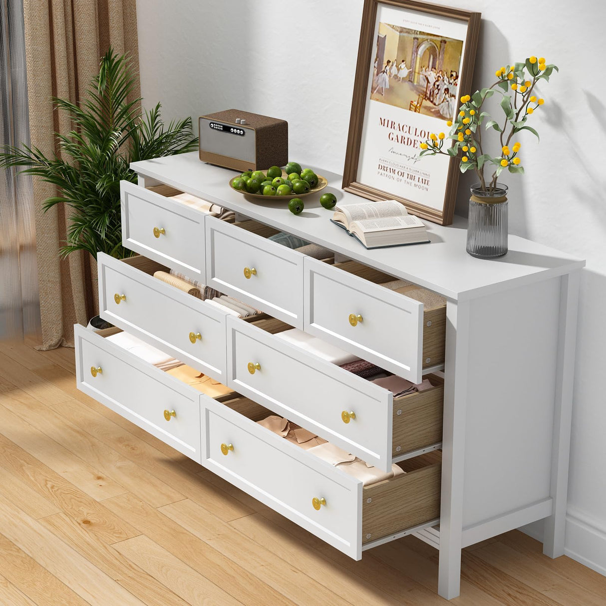 CARPETNAL White Dresser for Bedroom, 7 Drawer Dresser with Wide Drawers and Gold Metal Handles, 55" White and Gold Dresser TV Stand, Modern Dressers & Chests of Drawers for Hallyway, Entryway. CARPETNAL