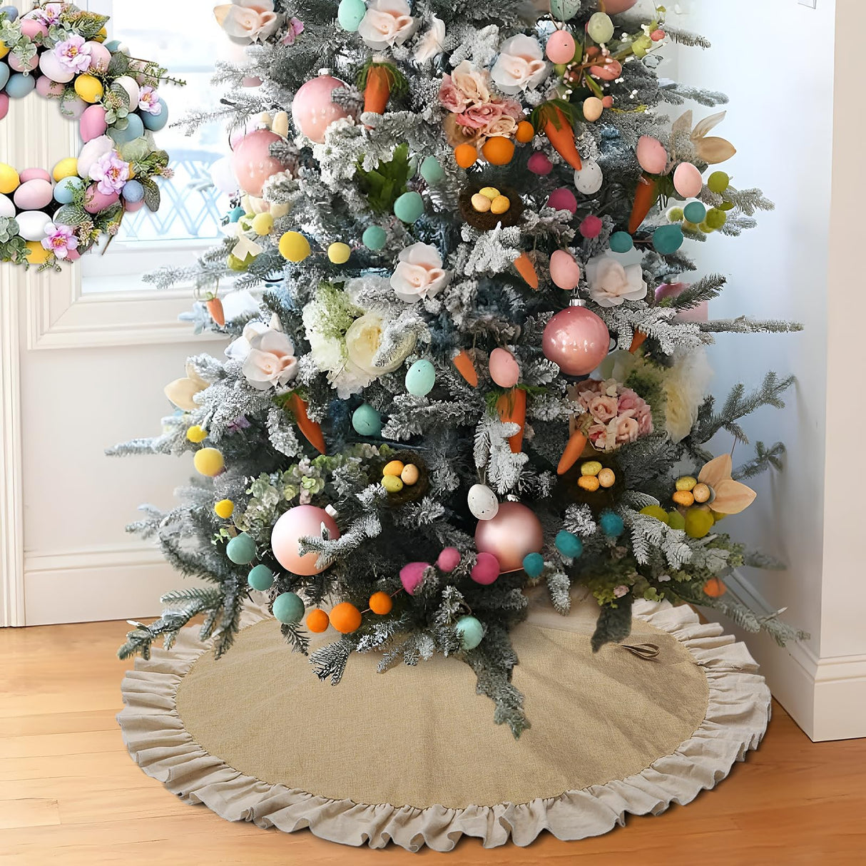 yuboo 48" Burlap Fall Christmas Tree Skirt with Ruffle Border, Beach Farmhouse Tree Skirt Linen Rustic Tree Ornaments for Christmas Holiday Party Decorations yuboo