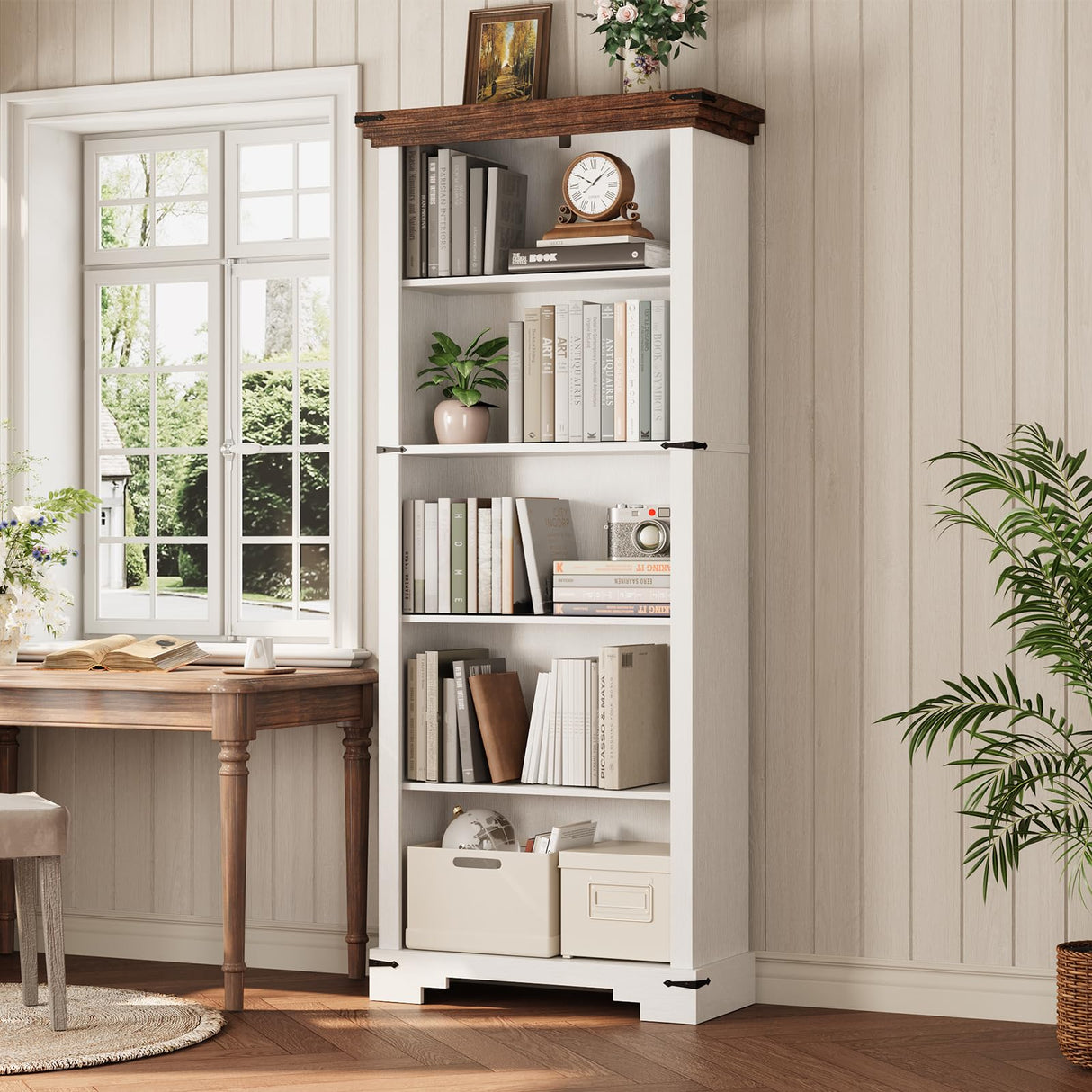 HOTLUU 5-Tier Farmhouse Bookshelf, 61.1 inch Tall Bookcase with Storage & Unique Design & One Adjustable Shelf, Wooden Bookshelf for Study Room, Living Room, Home Office, Bedroom (White) HOTLUU