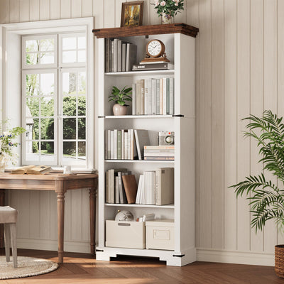 HOTLUU 5-Tier Farmhouse Bookshelf, 61.1 inch Tall Bookcase with Storage & Unique Design & One Adjustable Shelf, Wooden Bookshelf for Study Room, Living Room, Home Office, Bedroom (White)