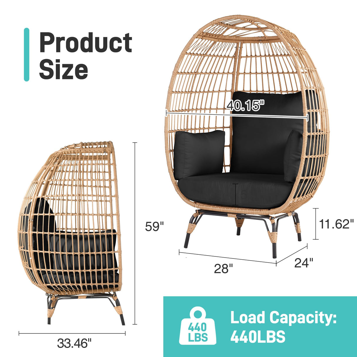 OTSUN Outdoor Egg Chair, PE Wicker Chair 440 lbs Capacity, Patio Chairs with 4 Thicken Cushions, Oversized Lounge Chairs with Durable Steel Frame Perfect for Balcony, Backyard, Bedroom-Black OTSUN