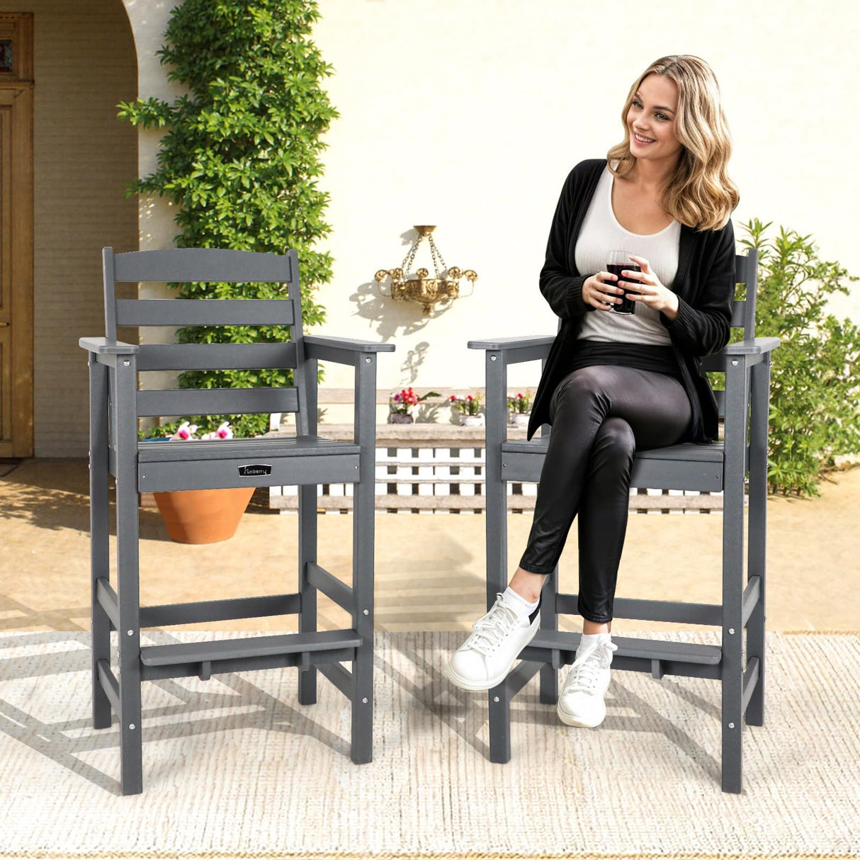 FUNBERRY Outdoor Bar Set with Umbrella Holes, Tall Adirondack Chairs and Table, All Weather HDPE Bar Height Outdoor Table and Chairs Set for Bistro Patio Balcony FUNBERRY