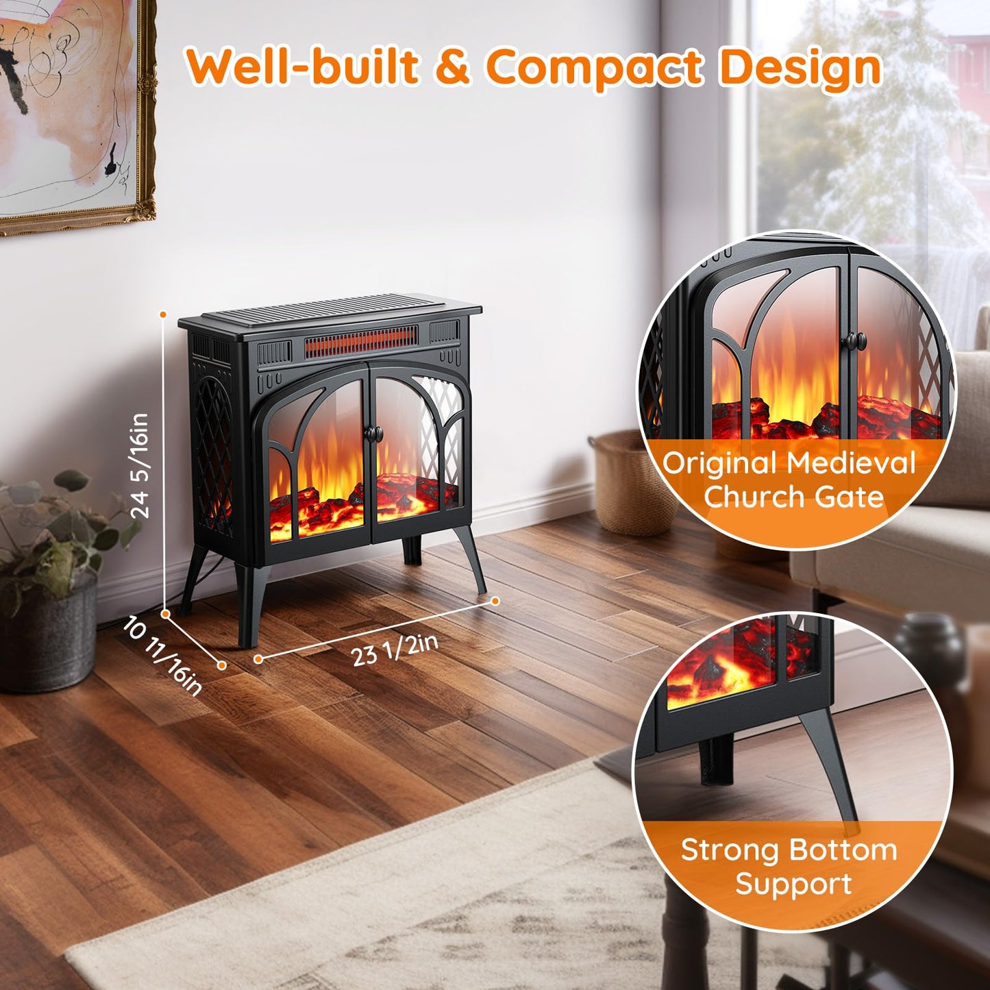 Rintuf Electric Fireplace Heater, 1500W Infrared Fireplace Stove w/ 3D Realistic Flame, 5100BTU Freestanding Electric Stove Heater with Remote Control, 8H Timing, Ideal for Indoor Home Use