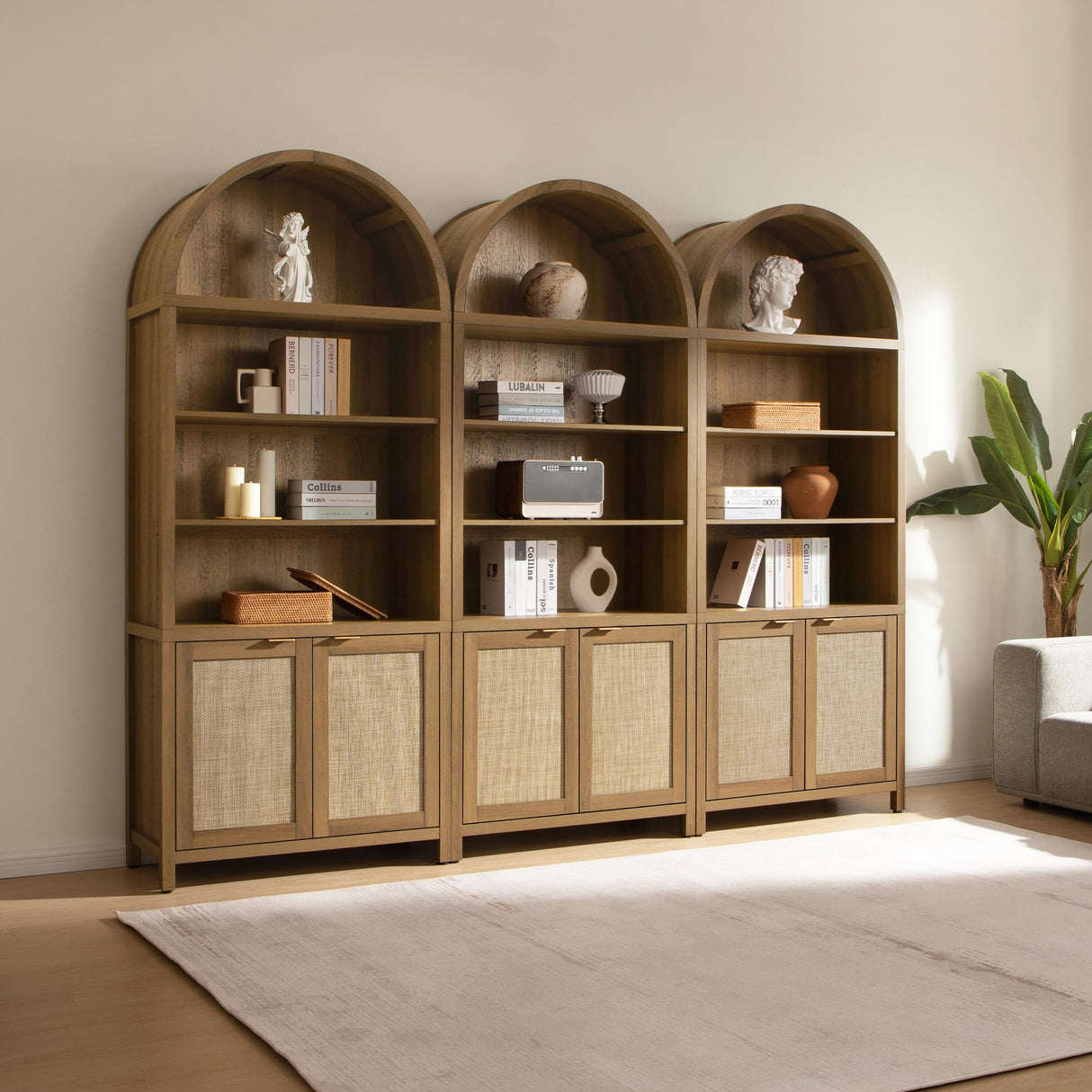SICOTAS Book Shelf Arched Cabinet Bookshelf Arch 84.2" Tall Bookcase 5 Tier Large Bookshelves with Doors Storage Rattan Boho Wide Book Shelves Case for Living Room Kitchen Office Bedroom Library SICOTAS