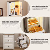 FREDEES Farmhouse Vanity Desk with Mirror,Small Makeup Vanity Set with Customizable Lighting,Compact Makeup Vanity with Hidden Storage and Comfortable Stool,Dressing Table for Bedroom,White FREDEES