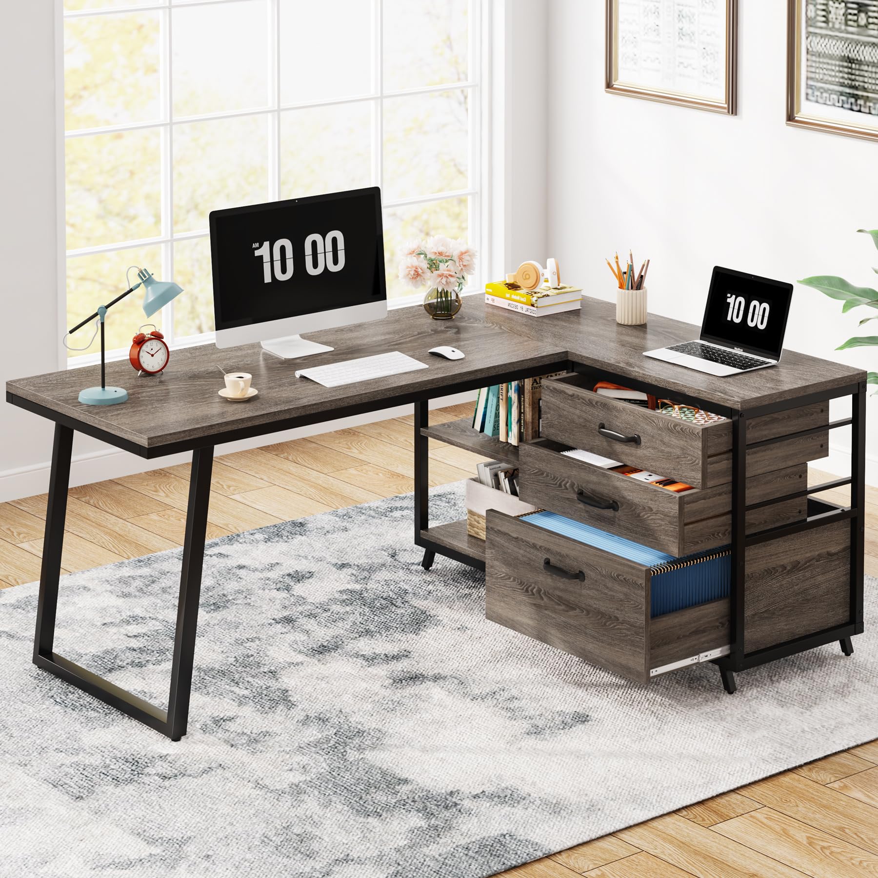 Tribesigns L-Shaped Desk with 3 Drawers, Reversible Corner Home Office Computer Desk with Shelves, 53-Inch Industrial PC Desk Study Writing Table Workstation for Small Space, Grey - WoodArtSupply