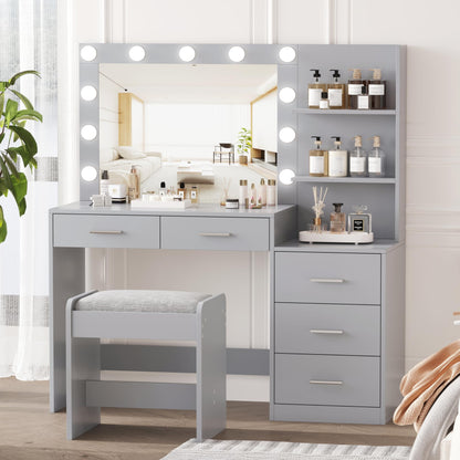 Rovaurx 46.7" W Makeup Vanity Set with Lights and Mirror, Vanity Desk with 5 Drawers, 3 Lighting Colors, Dressing Table for Bedroom, Studio, Grey