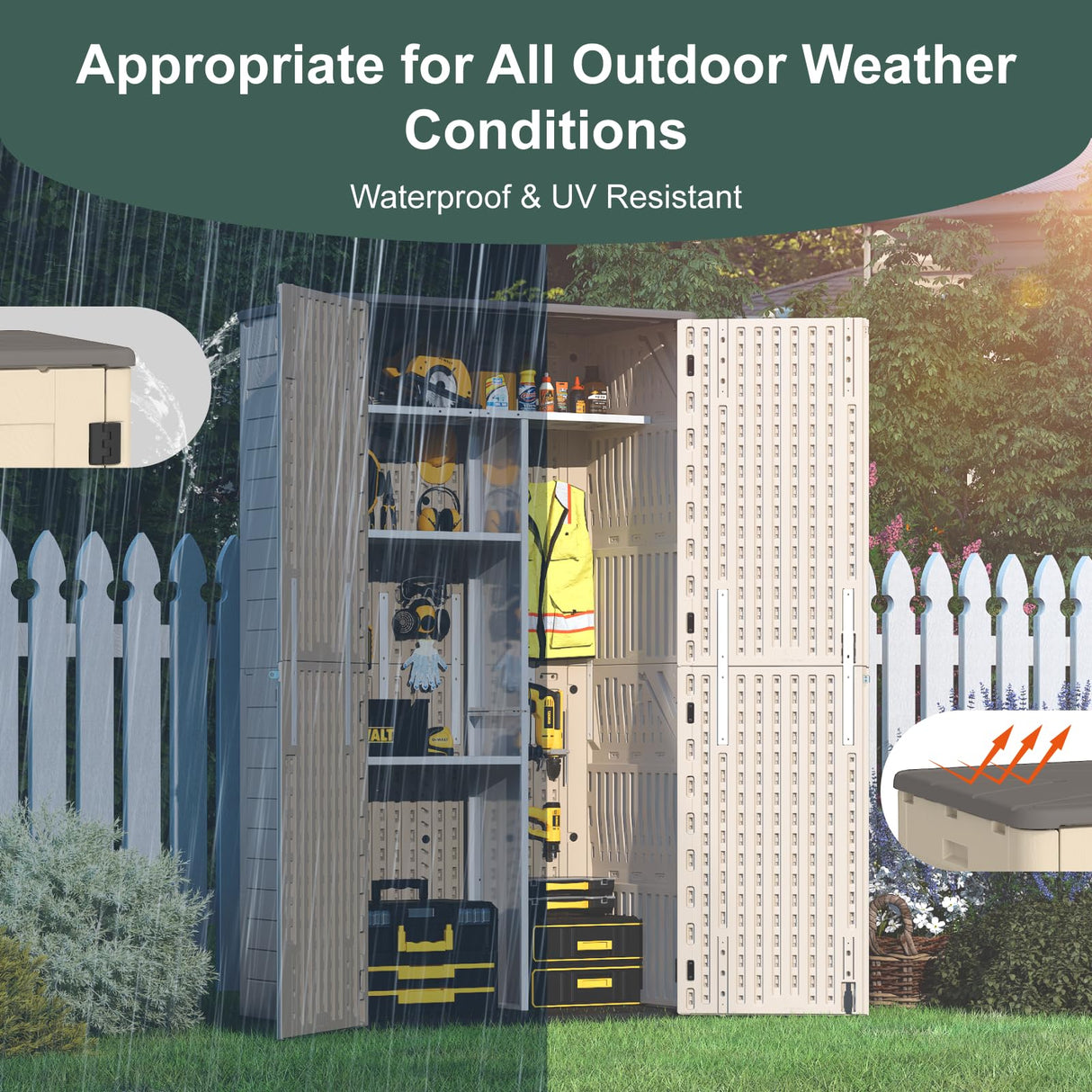 IWDOO 60 Cu.Ft Vertical Outdoor Storage Shed, All-Weather Resin Storage Cabinet Waterproof with Lockable Floor, Tall Backyard Shed for Patio Furniture, Garage, Garden, Pool Accessories, Porch (Khaki) IWDOO