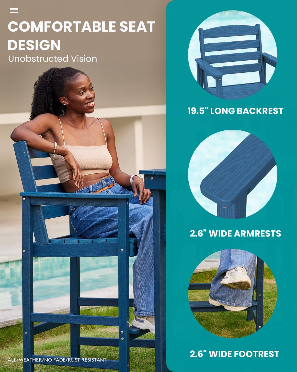 SERWALL Outdoor Bar Table and Chairs Set, Adirondack Bar Chairs Set of 2 and Bar Height Table, All Weather HDPE Outdoor Patio Bar Set, Outdoor Furniture for Outside, Poolside, Backyard, Garden, Blue SERWALL