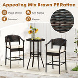 RELAX4LIFE 3-Piece Outdoor Bar Set - Patio Wicker Rattan Bar Height Barstools w/Cushions, Footrest, Round Glass Top Table, High Top Bistro Table & Chairs Set of 2 for Pool Porch Balcony (Brown-Beige) RELAX4LIFE