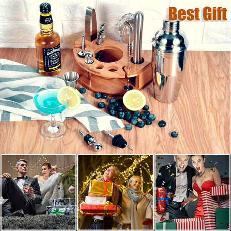 Esmula Bartender Kit with Stylish Bamboo Stand, 12 Piece 25oz Cocktail Shaker Set for Mixed Drink, Professional Stainless Steel Bar Tool Set, Gift for Man Dad- Cocktail Recipes Booklet (Silver) Esmula