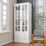 WOODTIME 70" H Display Storage Cabinet with Tempered Glass Doors & 4-Tier Shelf, Wooden Curio Cabinet Bookcase Bookshelf with 2 Drawers for Home Office Living Room Store, White WOODTIME