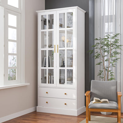 WOODTIME 70" H Display Storage Cabinet with Tempered Glass Doors & 4-Tier Shelf, Wooden Curio Cabinet Bookcase Bookshelf with 2 Drawers for Home Office Living Room Store, White