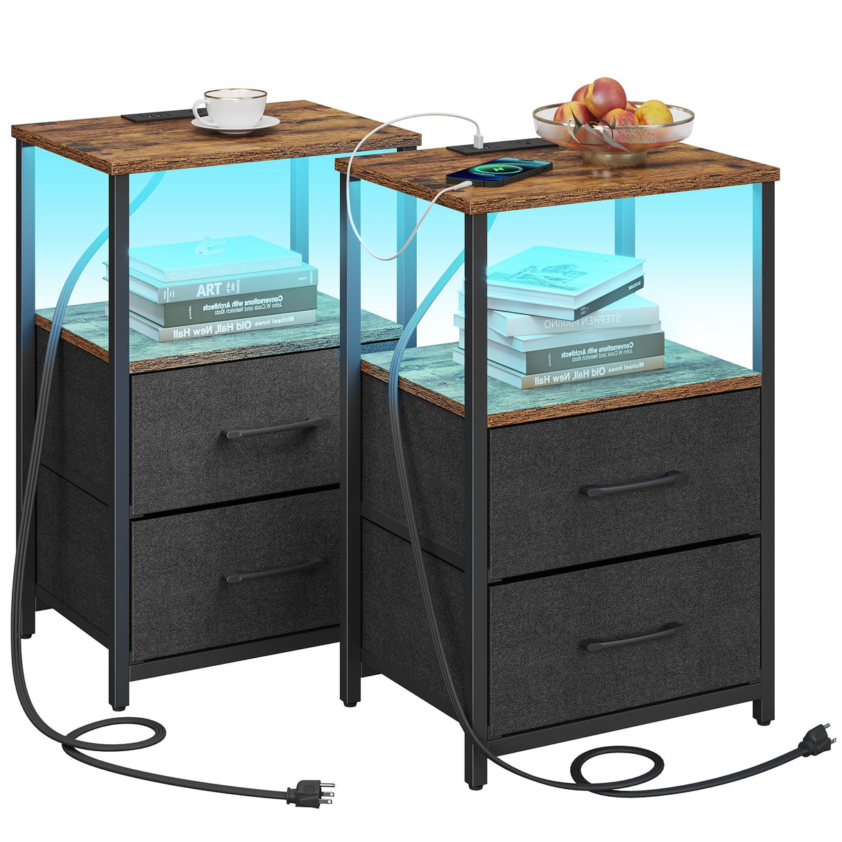 TUTOTAK LED End Table with Charging Station, Nightstand with Cloth Drawer, Side Table with 1 USB Port and 1 Type-C Port, Set of 2, Couch Table, Brown and Black TB01BB052KL TUTOTAK