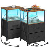 TUTOTAK LED End Table with Charging Station, Nightstand with Cloth Drawer, Side Table with 1 USB Port and 1 Type-C Port, Set of 2, Couch Table, Brown and Black TB01BB052KL TUTOTAK