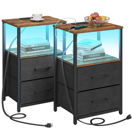 TUTOTAK LED End Table with Charging Station, Nightstand with Cloth Drawer, Side Table with 1 USB Port and 1 Type-C Port, Set of 2, Couch Table, Brown and Black TB01BB052KL TUTOTAK