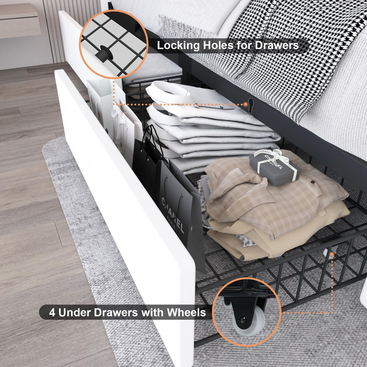 Benevika Full Size Bed Frame with 4 Drawers and LED Light, Charge Station, PU Leather Upholstered Platform Storage Bed with Adjustable Headboard, Wooden Slats Support, No Box Spring Needed, White Benevika