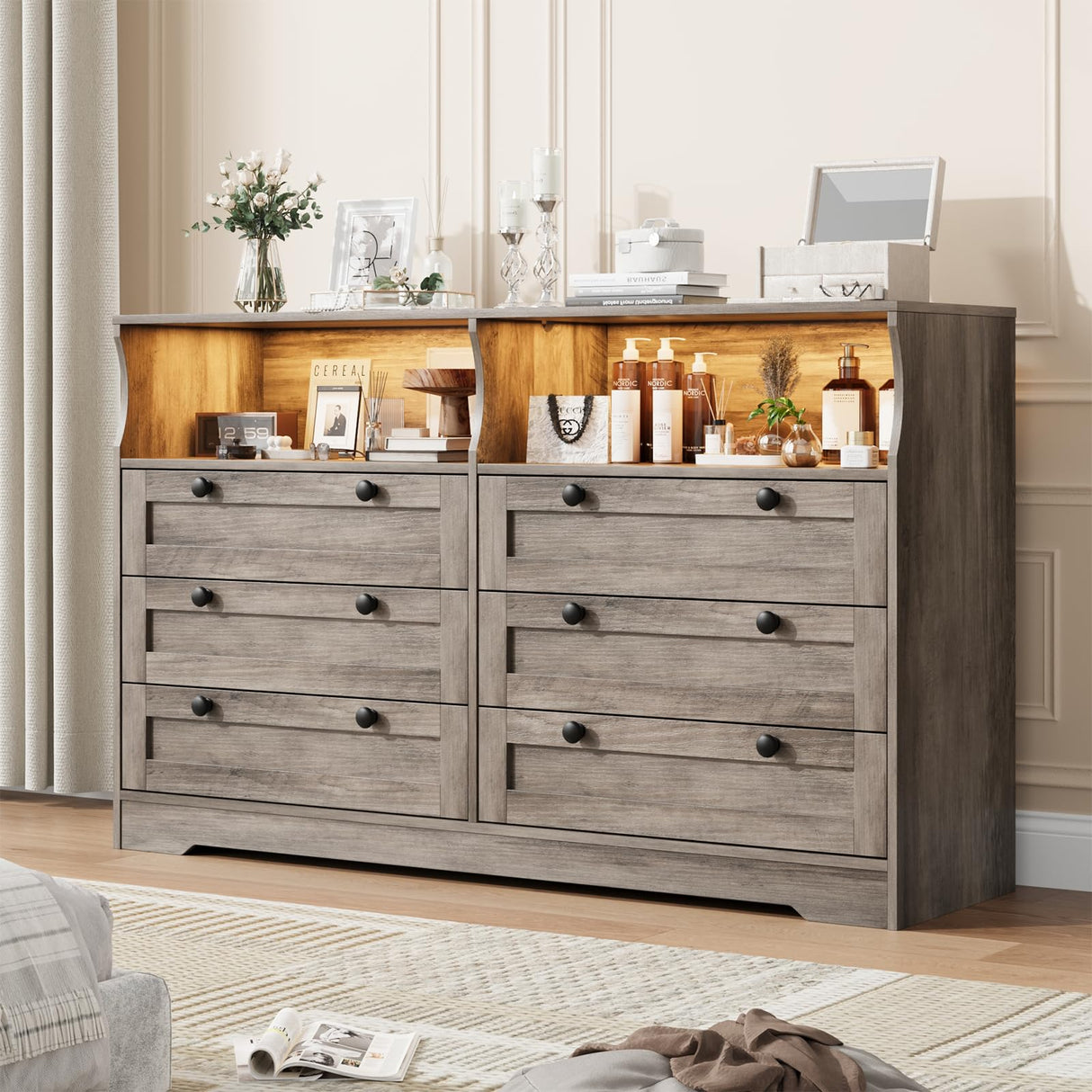 GAOMON Chests of Drawers, Wooden 6 Drawer Dresser for Bedroom with Led Light and Charging Station, 55" Wide Dresser with 2 Open Storage, Closet Organizer TV Stand for Bedroom, Living Room, Grey GAOMON