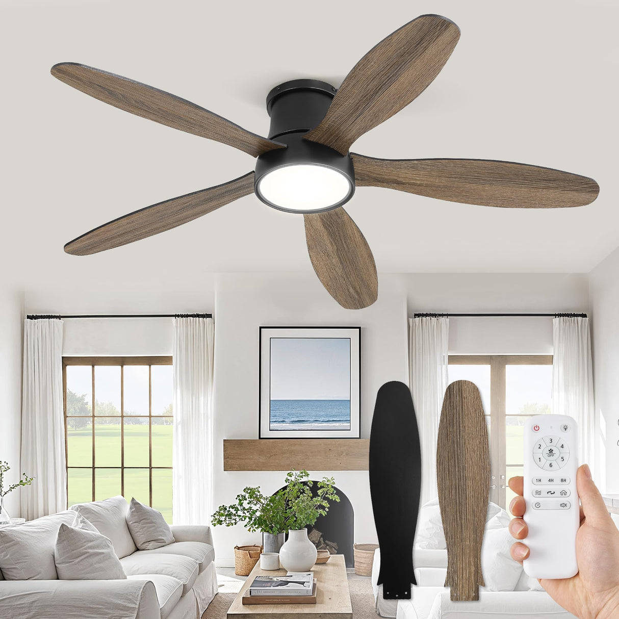 ZMISHIBO 52 Inch Ceiling Fans with Lights, Flush Mount Low Profile Ceiling Fan with Remote, Reversible, 3CCT, Noiseless, LED Ceiling Fan Lighting Fixture for Bedroom, Kitchen, Indoor-Black ZMISHIBO