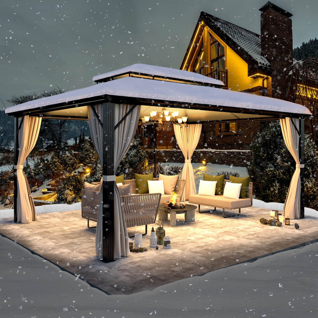 YOLENY 12'x16' Hardtop Gazebo, Outdoor Polycarbonate Double Roof Canopy, Aluminum Frame Permanent Pavilion with Curtains and Netting, Sunshade for Garden, Patio, Lawns YOLENY