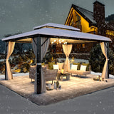 YOLENY 12'x16' Hardtop Gazebo, Outdoor Polycarbonate Double Roof Canopy, Aluminum Frame Permanent Pavilion with Curtains and Netting, Sunshade for Garden, Patio, Lawns YOLENY