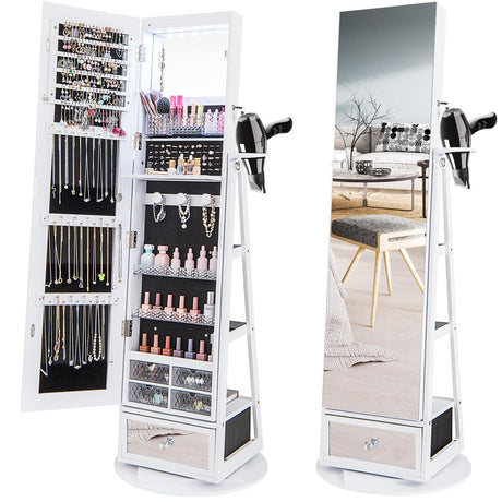 CHARMAID 360° Swivel Jewelry Cabinet Armoire 64.5" H, Full Length Mirror with Jewelry Storage, 6 LEDs Lockable Jewelry Organizer, Rear Storage Shelves, Large Drawer, Hairdryer Holder (White) CHARMAID