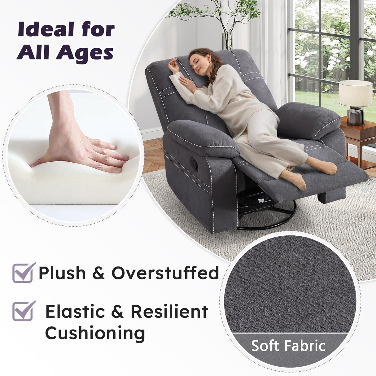 ANJ Oversized Swivel Rocker Recliner Chair for Adults, Manual Rocking Recliner Glider Recliner Nursery Chair Clearance with Decorative Stitching Soft Fabric Thick Cushion for Living Room Bedroom ANJ