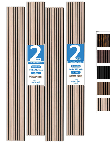 Mollywell Wood Panels for Wall, Time-Saving Installation, Versatile Wood Slat Wall Decor, Enhanced Acoustic & Sound Proof Fluted Design for Home & Office, 2 Pcs White Oak, 94.5x12.5 Inch Mollywell