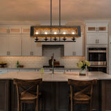 LALUZ Farmhouse Chandelier, 5-Light Kitchen Island Lighting with Clear Glass, Wood and Black Finish, 32 Inches LALUZ