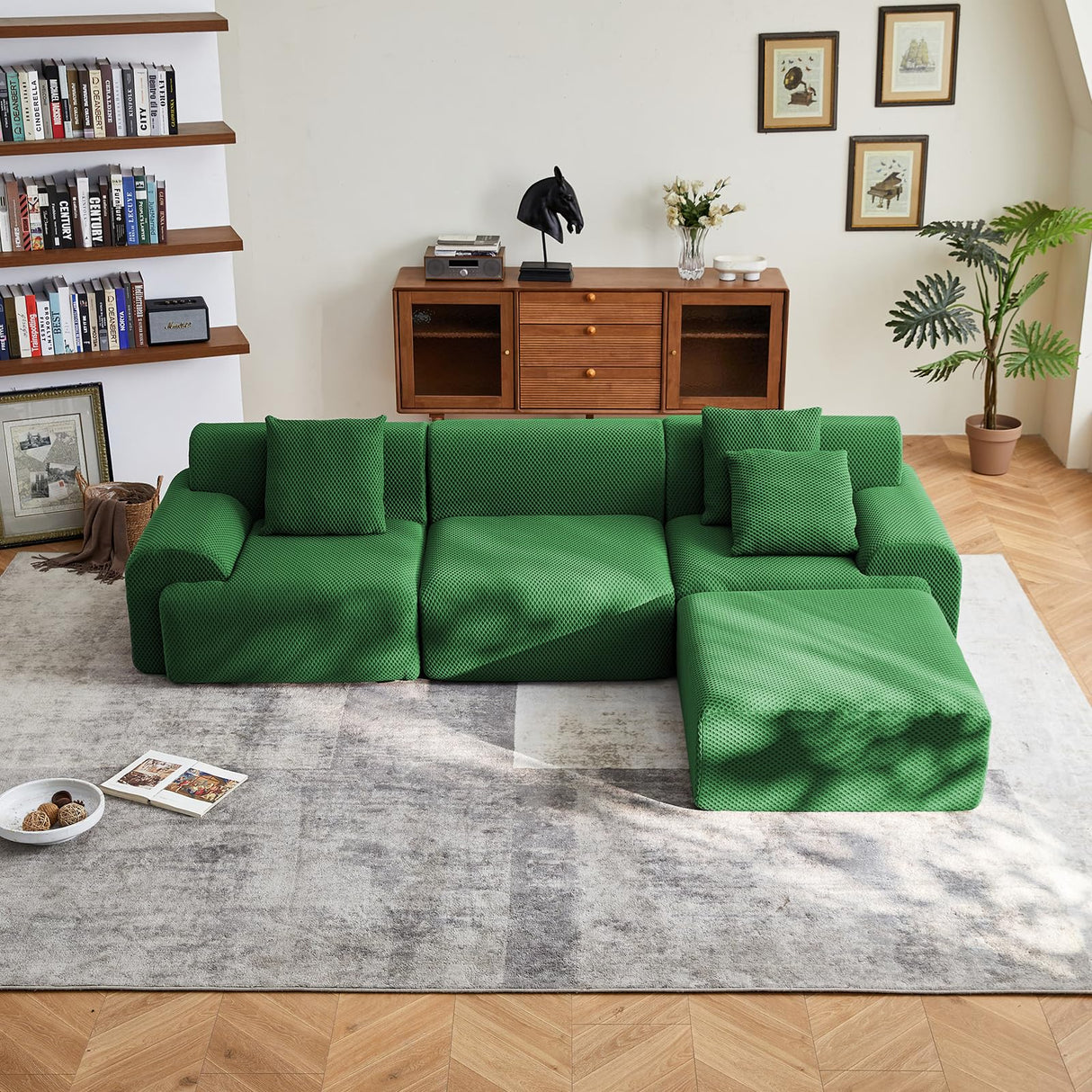 Rlzcvt 113" Modular Sectional Sofa,Modern L Shaped Cloud Sectional Couch with Movable Ottoman,Comfy Foam Boneless Couches for Living Room, 4 Seater Convertible Sofa,No Assembly Required,Green Rlzcvt