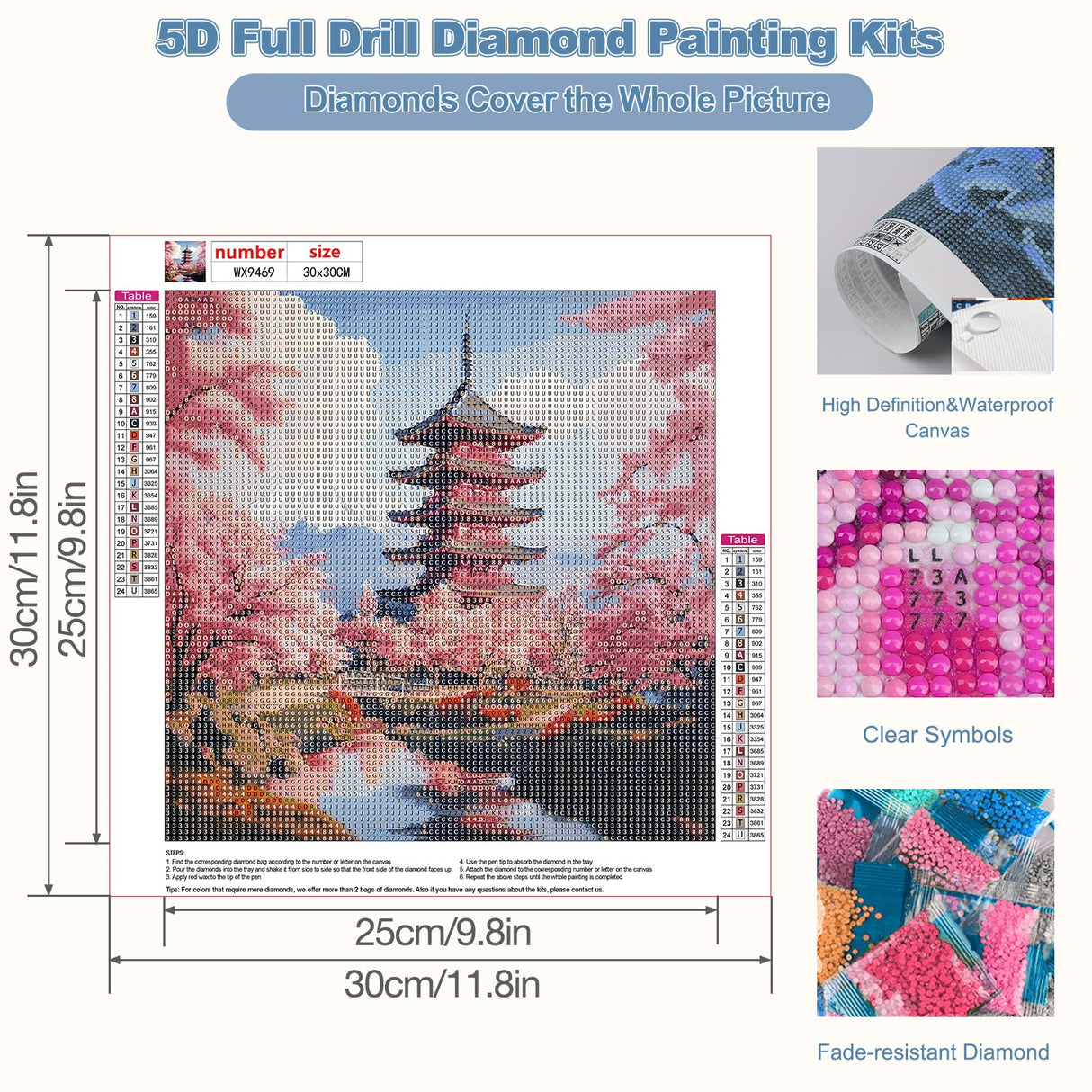 CEOVR Japan Chureito Pagoda Mt.Fuji Diamond Painting Kits, Cherry Blossoms Scenery Diamond Art Dots for Adult Beginner, 5D Full Drill DIY Crystal Gem Art, Wall Decor for Home Office 12x12in CEOVR