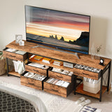 GYIIYUO LED TV Stand with 6 Fabric Drawers and Power Outlet for 65 70 75 Inch TVs, Entertainment Center with Open Storage Shelves, Dresser TV Stand for Bedroom/Living Room, Rustic Brown GYIIYUO