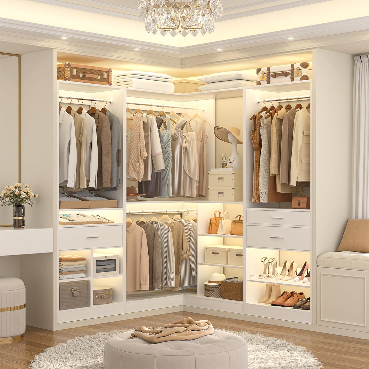 Unikito 86” Corner Closet System, Modular Closets Organizer with 4 Hanging Rods and Storage Shelves, Freestanding Adjustable Wood Clothes Garment Rack with Drawers, Sturdy Walk in Closet Tower, White Unikito