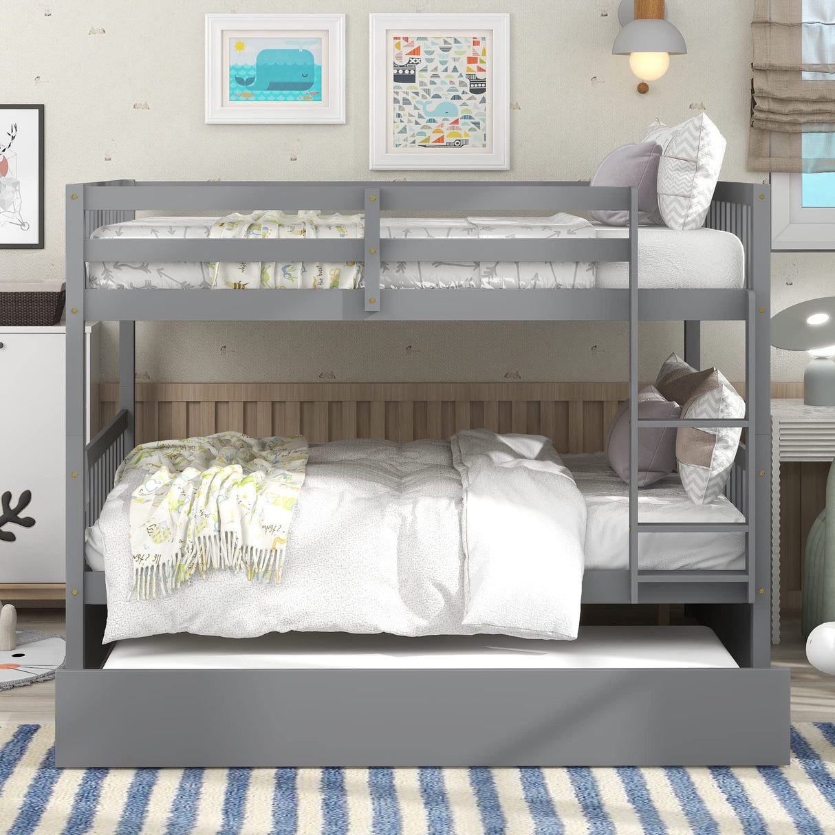 Rophefx Full Over Full Bunk Bed with Trundle, Wood Convertible Bunk Beds for Kids, Bunkbed Frame with Safety Rails and Ladders, Bunk Beds for for Adult, Teens, Grey Rophefx