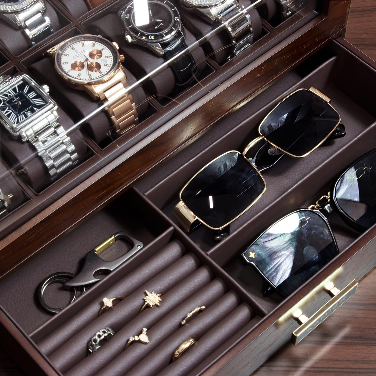 High End Watch Box for Men, 12 Slot Wooden Watch Case With Drawer, Watch Display Box with Glass Lid, 2-Layer Watch Holder for Jewelry and Watch Storage for Men Women , Ideal for Gift (With Gift Box) KAMIER