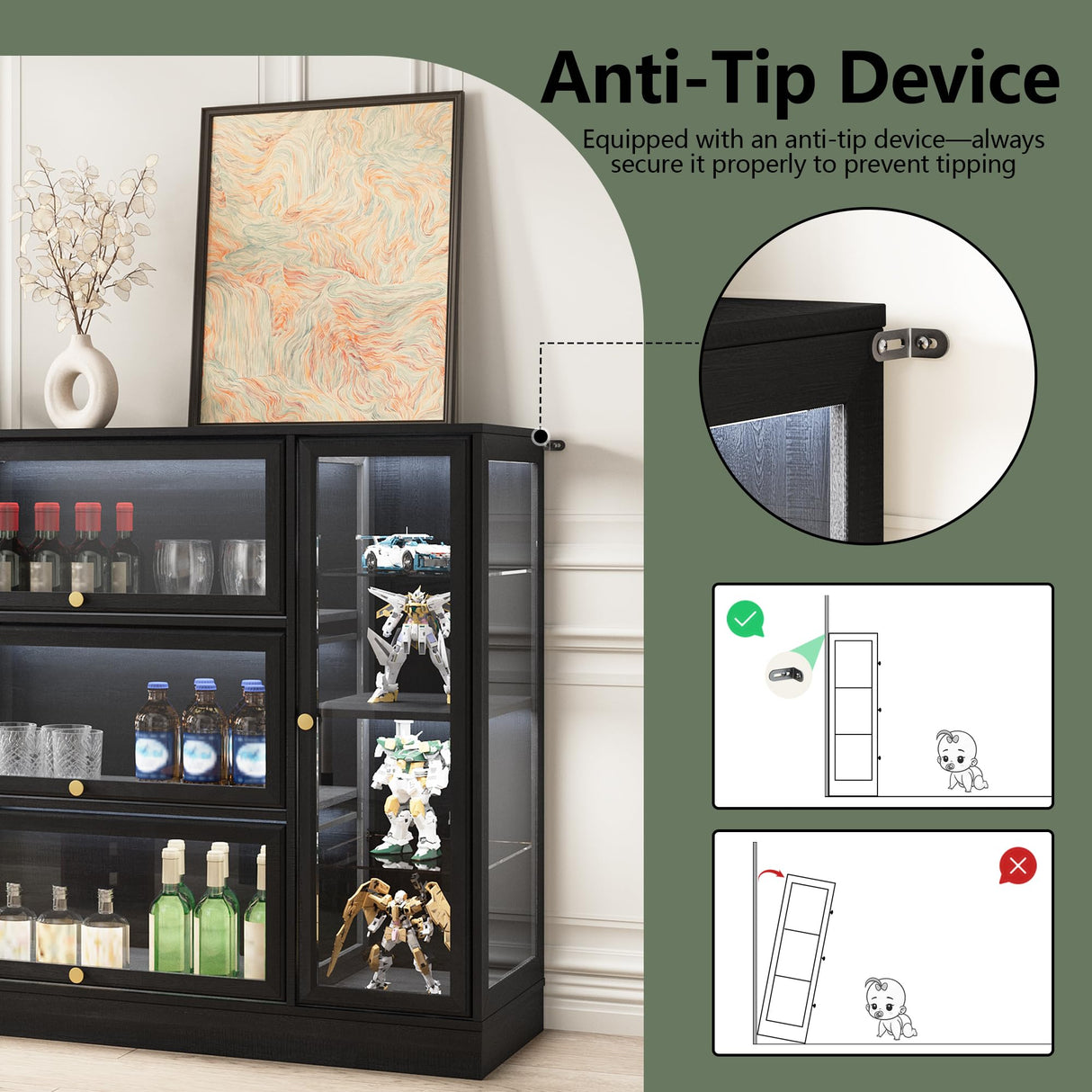 BONITURE Display Cabinet with Acrylic Glass Doors,Extra Wide Curio Cabinet with LED Lighting for Collectibles, Collectibles Toy Organizers Rack & Display Shelf Display Case, Black BONITURE