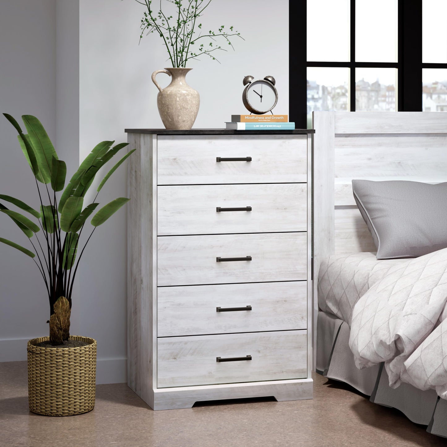 Prepac Dresser for Bedroom, Chest 5 Drawers, 18.5" D x 27.5" W x 43.5" H, Washed White - WoodArtSupply