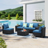 TerraRelax Patio Furniture Set 6 Pieces All Weather Patio Conversation Sets Wicker PE Rattan Outdoor Sectional Couch Sofa Set with Cushion Table for Garden, Backyard, Poolside Peacock Blue TerraRelax