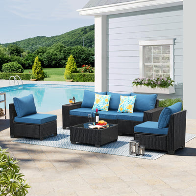 TerraRelax Patio Furniture Set 6 Pieces All Weather Patio Conversation Sets Wicker PE Rattan Outdoor Sectional Couch Sofa Set with Cushion Table for Garden, Backyard, Poolside Peacock Blue