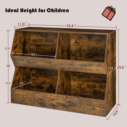 DINZI LVJ Kids Bookshelf, Toy Storage Organizer, Wooden Toy Storage Cabinet, 4 Cubby Children Bookcase, Toddler Book Toy Shelf for Bedroom, Nursery, Hallway, School, 39.4" Long, Rustic Brown