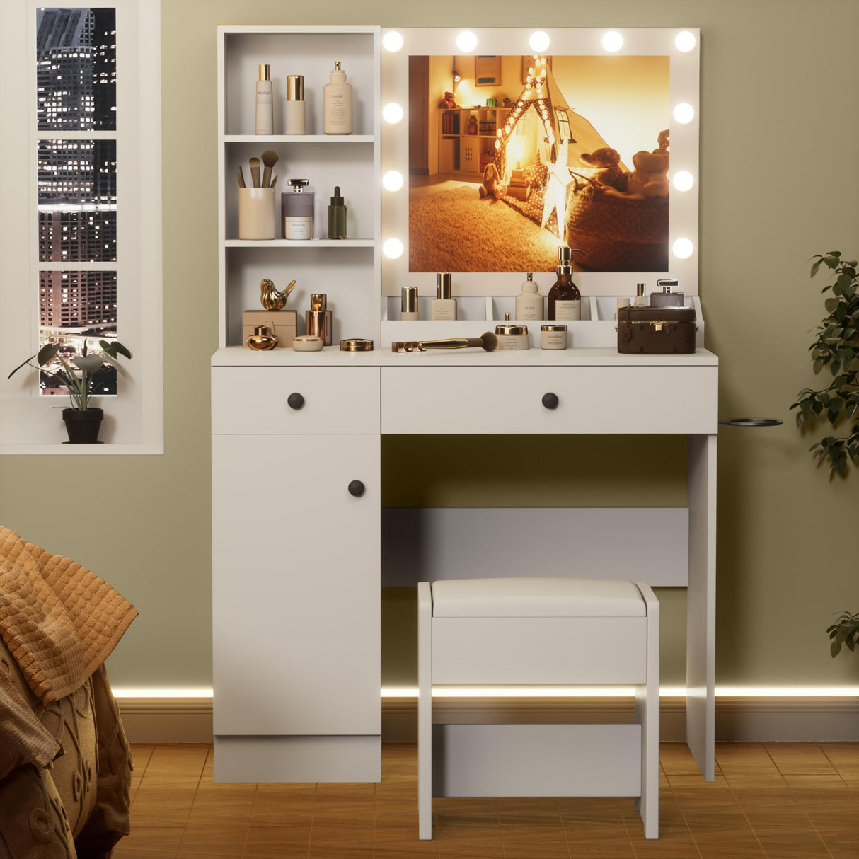 Esmlada Makeup Vanity Desk with Mirror and Lights, White Vanity Table and Chair Set with Power Outlets, 2 Drawers and 1 Cabinet for Girls Bedroom Esmlada