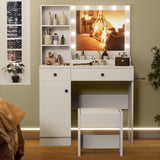 Esmlada Makeup Vanity Desk with Mirror and Lights, White Vanity Table and Chair Set with Power Outlets, 2 Drawers and 1 Cabinet for Girls Bedroom Esmlada