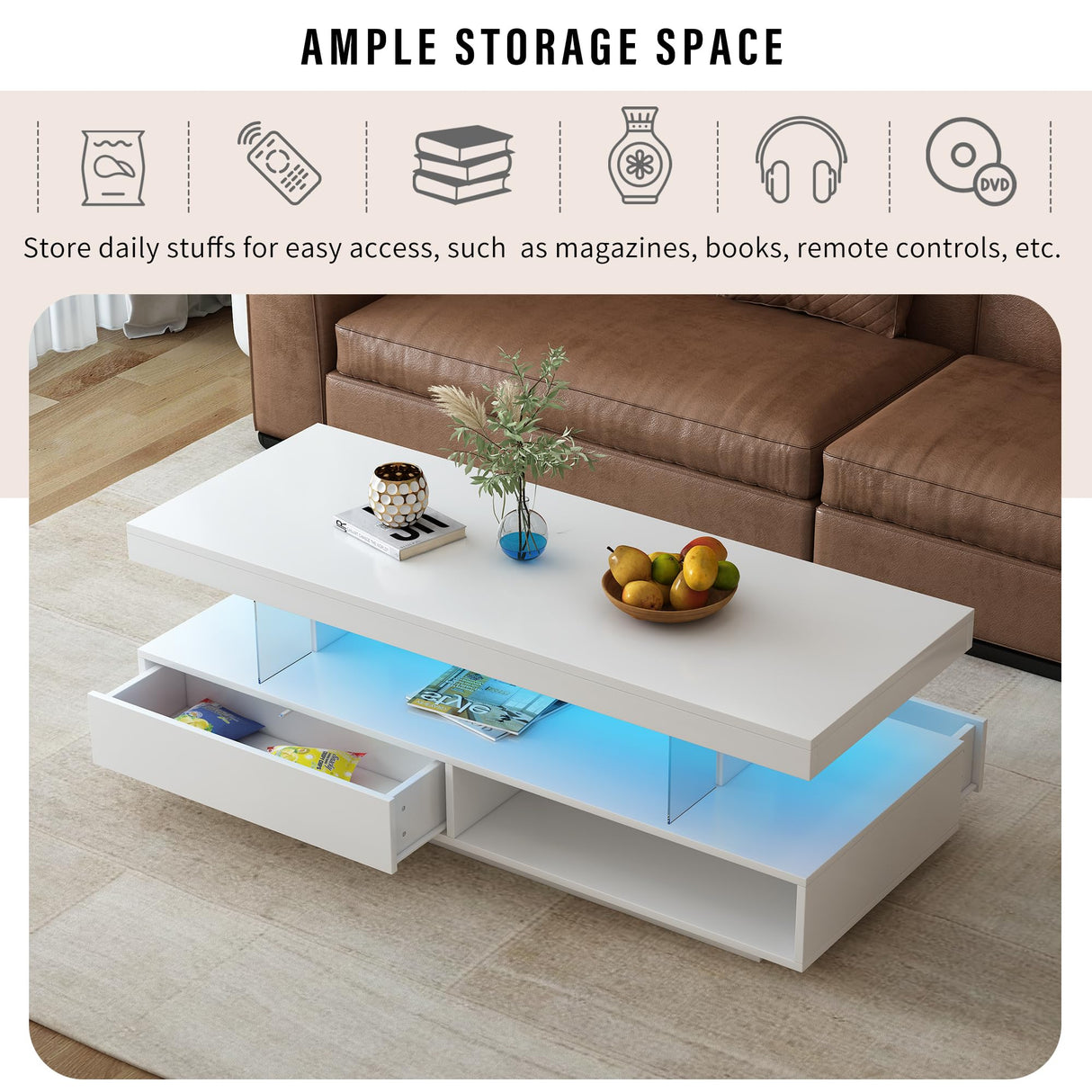 LUMISOL High Gloss Coffee Table with 16 Color LED Lights, UV Cocktail Table with Storage Drawer, Modern Center Table with Storage Shelf for Living Room, White LUMISOL