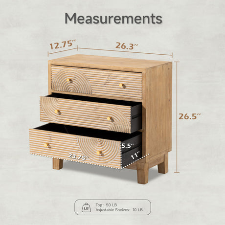 COZAYH 3-Drawer Farmhouse Dresser with Handicraft Wood Ring Motif, Fully Assembled Nightstand Wooden Finish for Boho, Mid-Century, Natural Wood, Rustic Style COZAYH