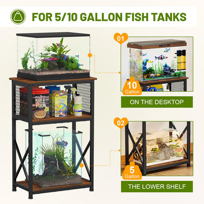 Snughome Fish Tank Stand, 10 Gallon Aquarium Stand with Storage, 3 Tier Heavy Metal Fish Tank Stand Fish Tank Shelf 20.47''L×11.42''W×30.91''H, Rustic Brown - WoodArtSupply