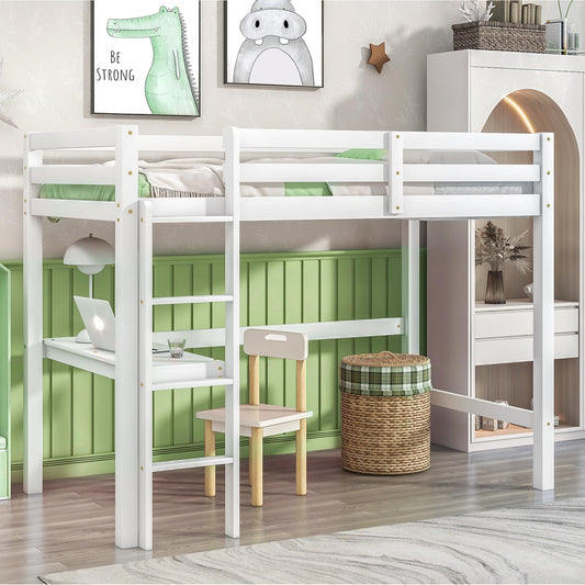 LifeSky Twin Loft Bed with Built-in Desk and Stairs - Durable White Wood Frame for Kids and Teens - WoodArtSupply