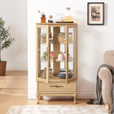 Glass Display Cabinet with Doors and Drawer, Lighted Curio Display Cabinet with Adjustable Glass Shelves and Mirrored Back Panel, Retro Floor Standing Storage Cabinets for Living Room, Light Oak BAOMKONG