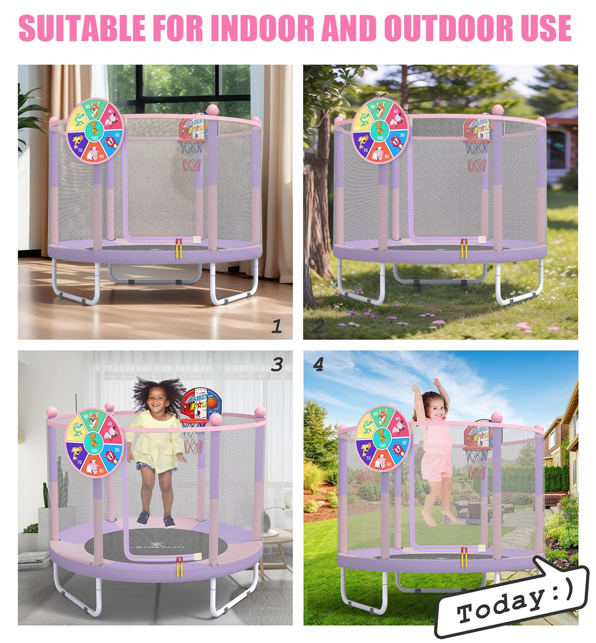 LANGXUN 60" Trampoline for Kids, 5ft Mini Toddler Indoor & Outdoor Trampoline with Net, Basketball Hoop & Dart Board, Birthday Gifts for Boys & Girls, Baby Toddler Christmas Toys (Pink & Purple) LANGXUN